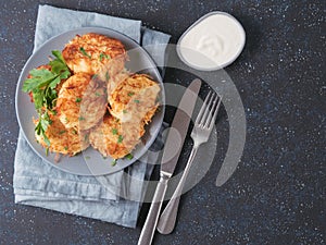 Potato pancakes, top view, copy space