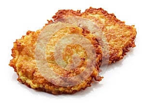 Potato pancakes on white background