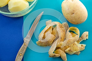 Potato Peelings on a Blue Background