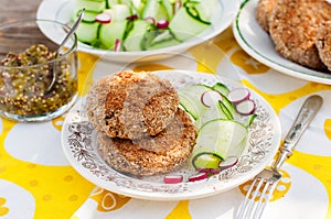 Potato and Pork Patties with Cucumber and Radish Salad