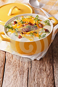 Potato puree soup with bacon and cheddar close-up in a pan. Vert