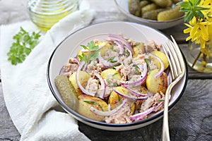 Potato salad with tuna and red onion, olive oil and parsley dressing