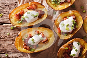 Potato skins with cheese and bacon close-up on the table. horizontal top view