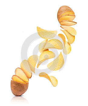Potato slices turn into chips. Conceptual image on white