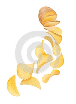 Potato slices turn into chips and fall down isolated on white