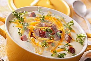 Potato soup with bacon and cheese in a pot macro. horizontal