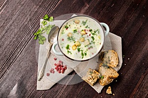 Potato soup with ham and bread