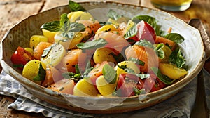 Potato, tomato, and salmon salad with basil in a rustic bowl.