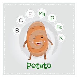 Potato vegetable vitamins and minerals. Funny vegetable character. Healthy food illustration
