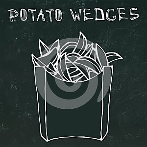 Potato Wedges in Paper Box. Fried Potato Fast Food in a Package. Realistic Hand Drawn Doodle Style Sketch.Vector