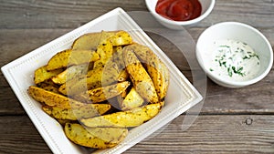 Potato wedges with souce on wooden background