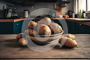 Potatoes displayed on indoor kitchen table, fresh and versatile