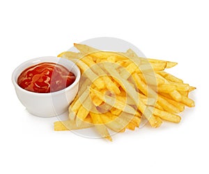 Potatoes fries with ketchup close-up isolated on a white background.