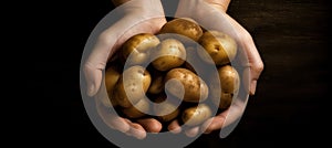 Potatoes in handbreadths on a dark background closeup. Hands holding potato with copy space. AI Generated