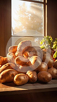 Potatoes near kitchen window in morning light, fresh produce, farm-to-table, cooking ingredients, organic, rustic setting