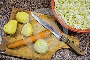 Potatoes, onions, carrots and kaput on the Board.