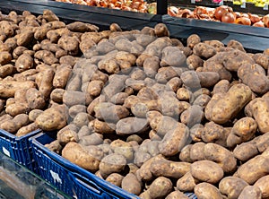 Potatoes and other vegetables on farmers market. Pile of newly harvested fresh potatoes on the supermarket shelf