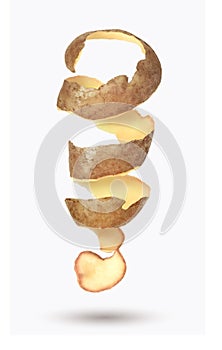 Potatoes peel spiral upright on white background