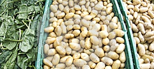 Potatoes and spinachs for sale at a market photo