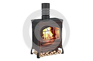 Potbelly stove, wood burner stove with chimney pipe and firewood burning, 3D rendering