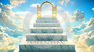 Potential as stairs to reach out to the heavenly gate for reward, success and happiness. Step by step, Potential elevates and