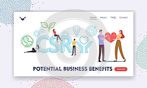 Potential Business Benefits Landing Page Template. Csr, Corporate Social Responsibility. Characters with Heart in Hand