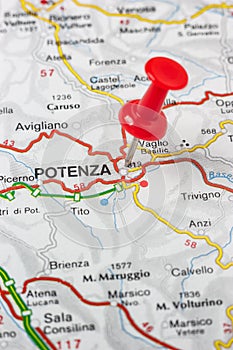 Potenza pinned on a map of Italy photo