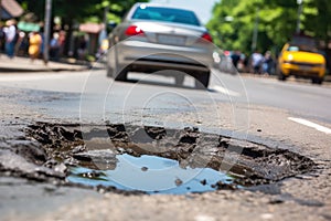 pothole on a busy road unattended