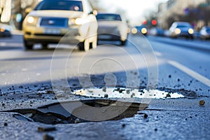 pothole on busy street, cars swerving around