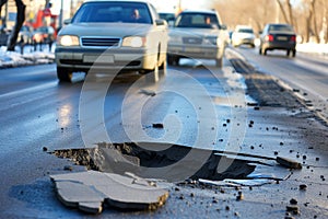 pothole on busy street, cars swerving around