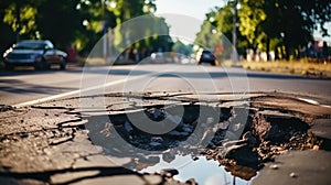 Pothole on the road. Damaged asphalt surface. Hole in a tarmac. Generative AI