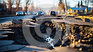 Pothole on the road. Damaged asphalt surface. Hole in a tarmac. Generative AI