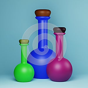 potion in blue, green and purple glass bottles with cork, 3d render