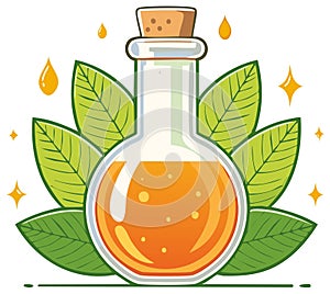 Potion Bottle Illustration with Leaves and Orange Drops