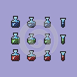 Potion bottle pixel art vector illustration. Health, mana and stamina glass bottles. Poison and remedy game design 8 bit