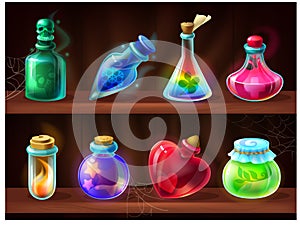 Potion bottles. Game alchemist liquids on wooden shelf, cartoon love potion, poison, magic elixir. Vector set of fantasy