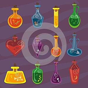 Potion bottles set. Vector icons of small flasks, magic elixir in glass flasks. Witch poison, love potion, halloween, plants,