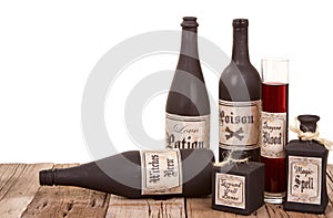 Potion bottles on wooden crates
