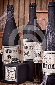 Potion bottles on wooden crates