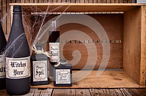 Potion bottles on wooden crates