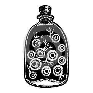 Potion with eyes bottle. Hand drawn magic bottle. Alchemy, spirituality, occultism. Halloween item, Glass jar