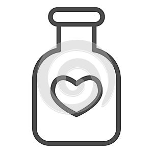 Potion flask line icon. Bottle of love spell elixir and heart shape symbol, outline style pictogram on white background