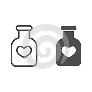 Potion flask line and solid icon. Bottle of love spell elixir and heart shape symbol, outline style pictogram on white