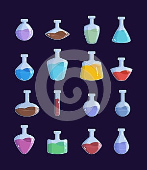 Potion jar. Witchcraft magic bottles game design objects antidot vector pictures set