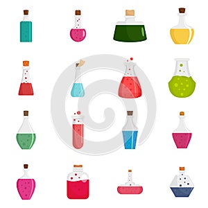 Potion magic bottle icons set, flat style