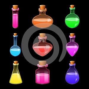 Potion magic bottle icons set, realistic style