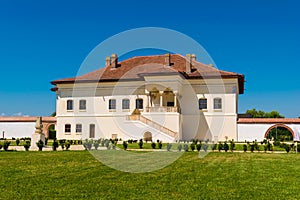 Potlogi, Romania - August 12, 2018: View of the restored brancovenesc style palace build by voivode Constantin Brincoveanu at Potl