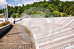 Potocari, Bosnia and Herzegovina - July 31, 2019. List of genocida victims during Srebrenica massacre
