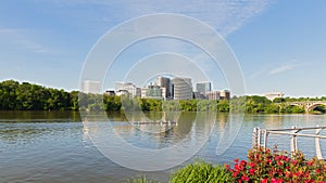 Potomac River panorama near Key Bridge with Rosslyn skyscrapers on background.