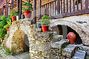 Potplants in Ancient Monastery Courtyard, Greece